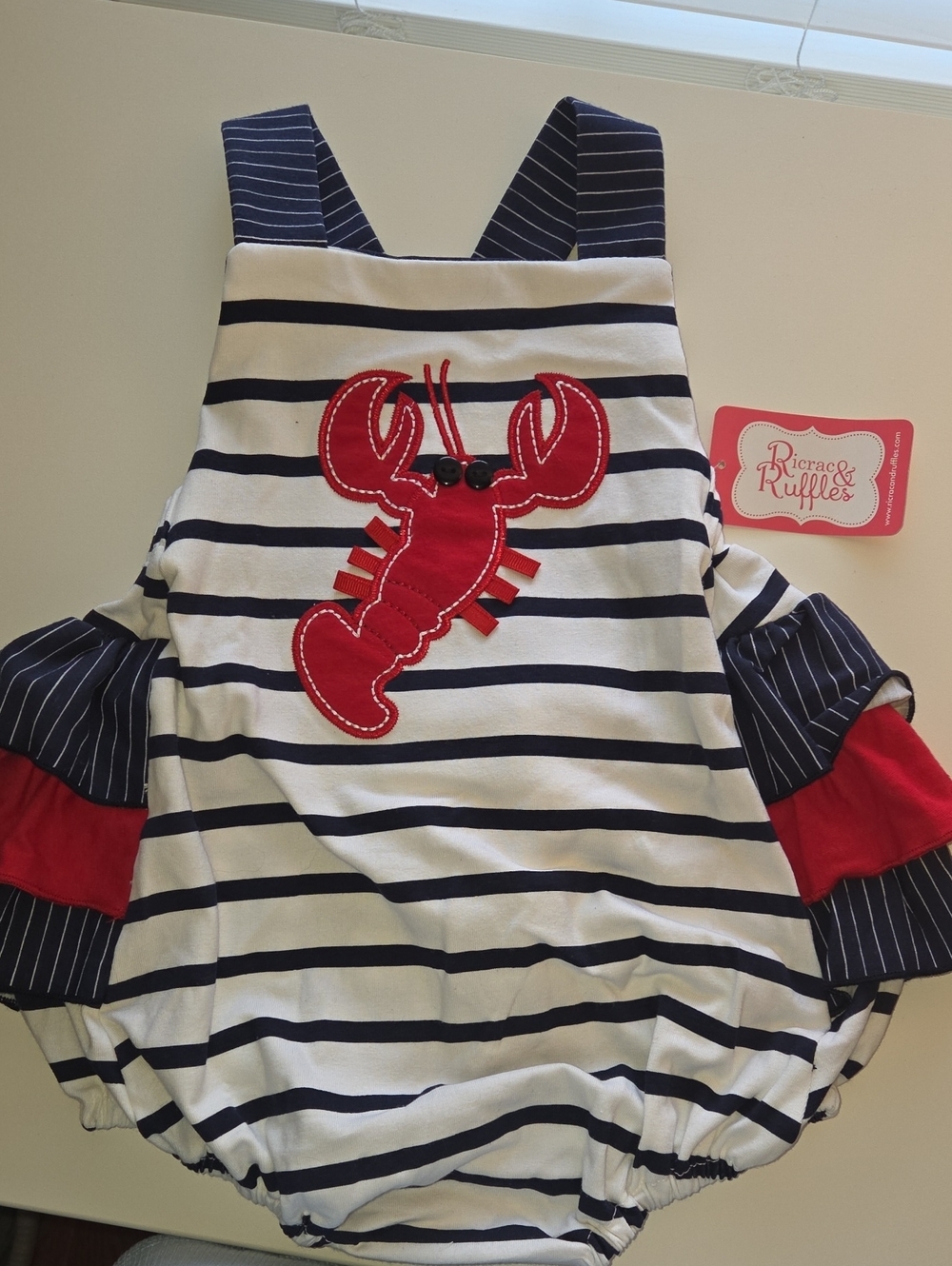 Ricrac & Ruffles Nautical Stripe Lobster Romper - Navy, White, Red NWT
